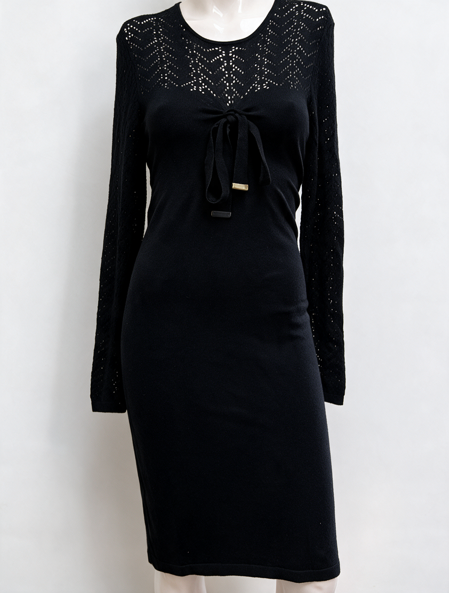 Caroline Biss - Jurk - zwart, gehaakt patroon, strikdetail - L