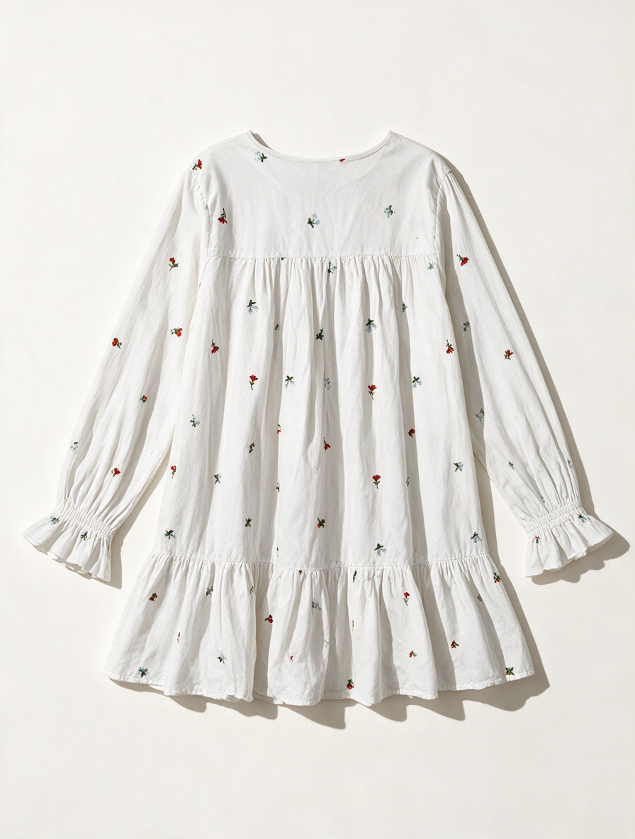 mbyM - Jurk - wit, geborduurde bloemen, ruche zoom - S
