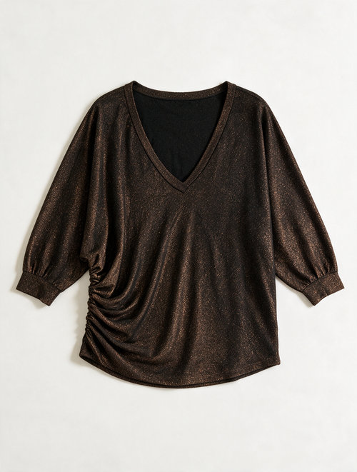 Amélie & Amélie - Top - bruin/goud, metallic glans, driekwart mouw - L