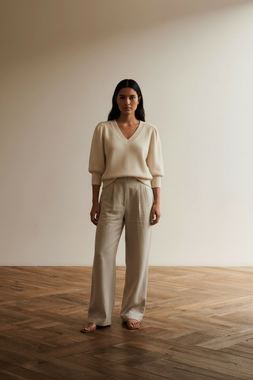 Full body view of the model wearing ba&sh Trui maat S creme