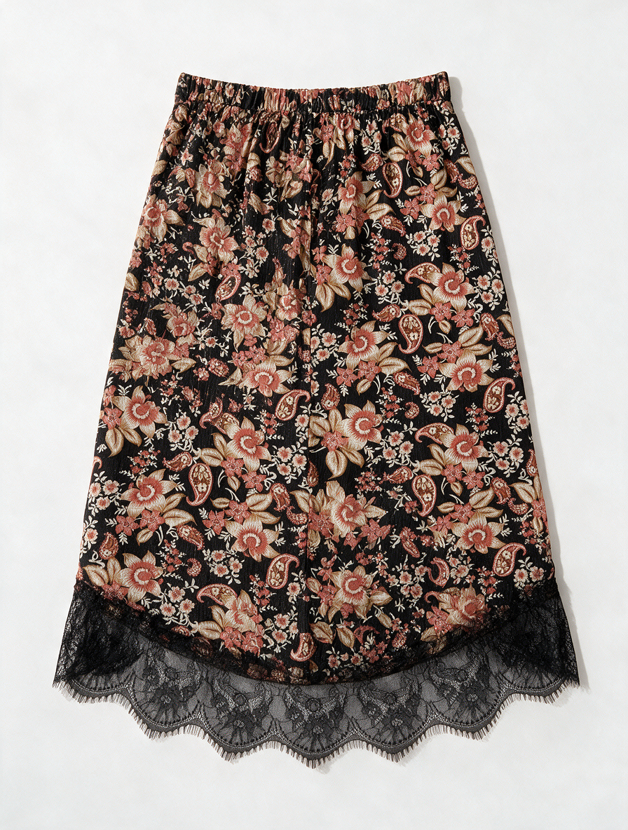 ESQUALO - Rok - zwart met bloemenprint, kanten zoom, midi lengte - 42