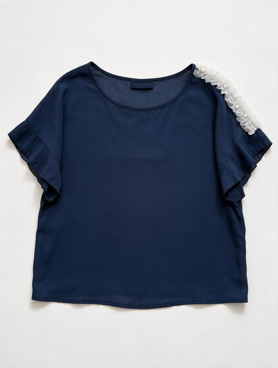 Amelie & Amelie - Blouse - blauw, schouderdetails met kralen, korte mouw - M