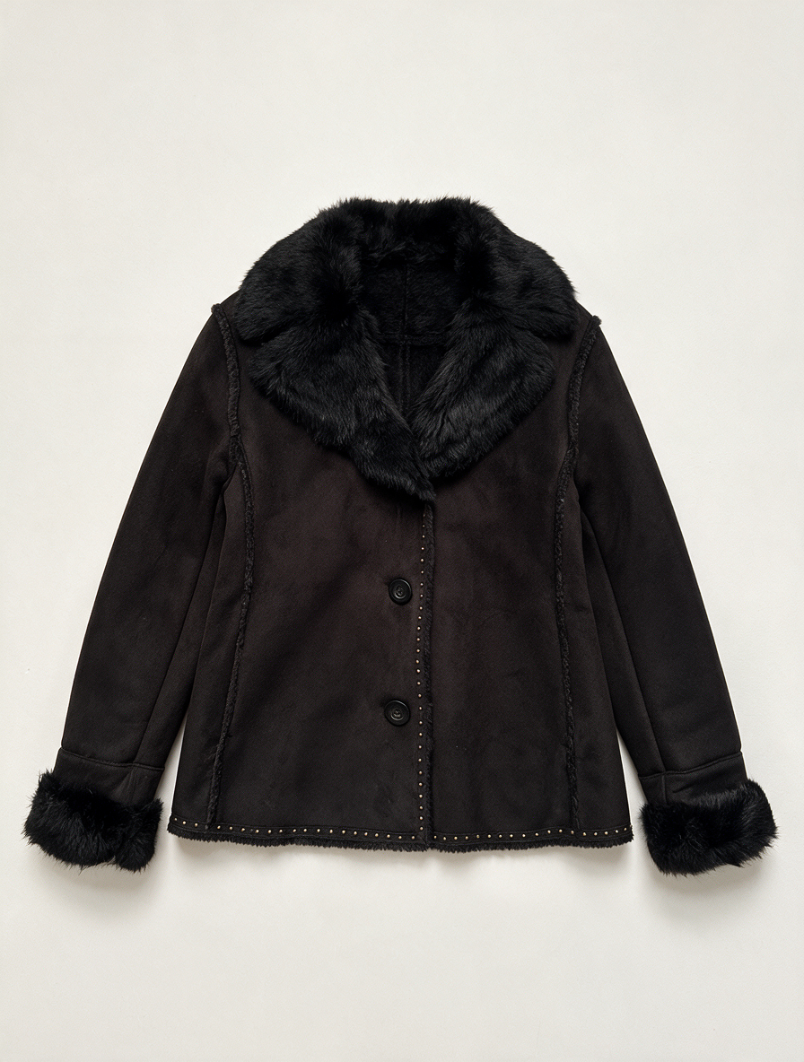 GERARD DAREL - Jas - zwart, imitatiebontkraag, knoopsluiting - XL