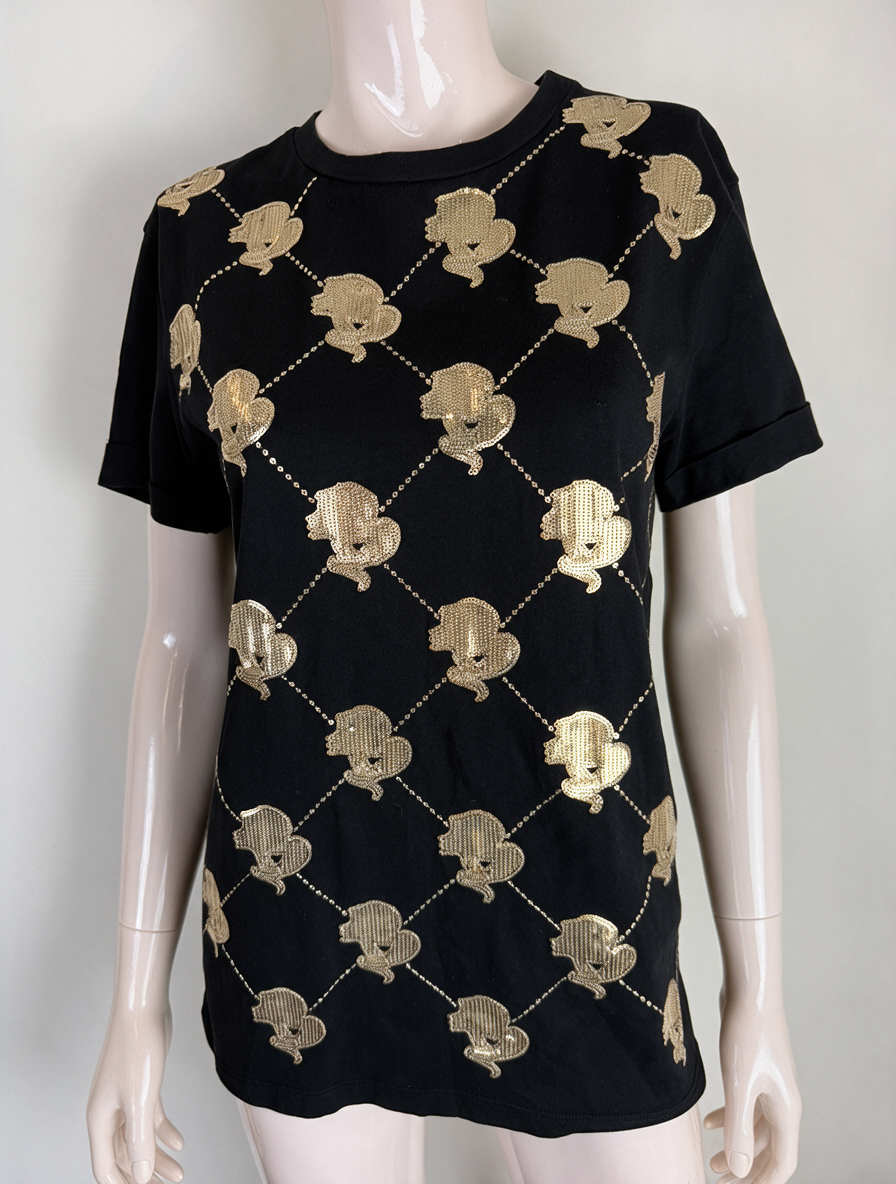 REINDERS - T-shirt - zwart, gouden pailletten, ruitpatroon