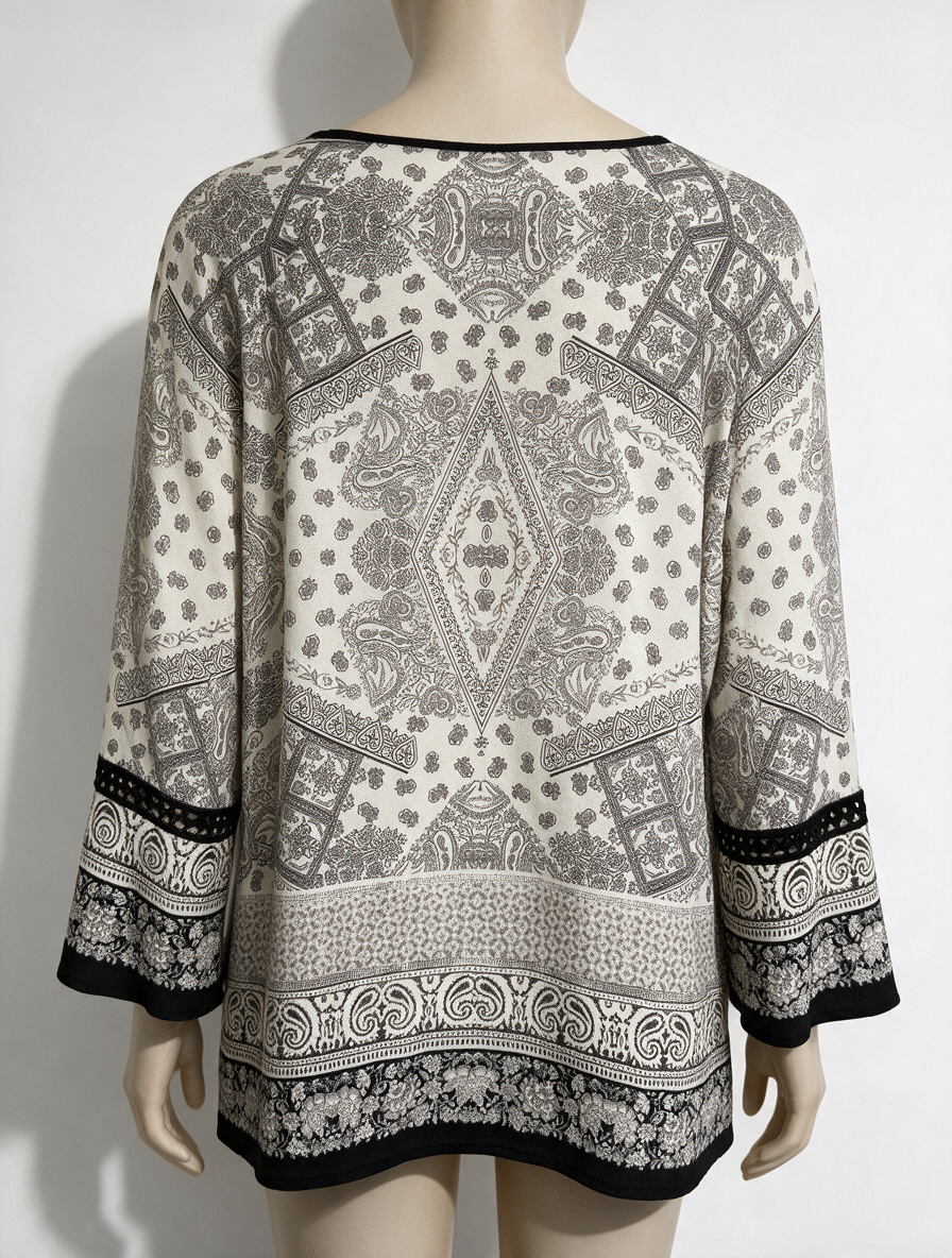 Mayerline Brussels - Blouse - zwart-wit paisleyprint, ronde hals met split, uitlopende mouwen - L