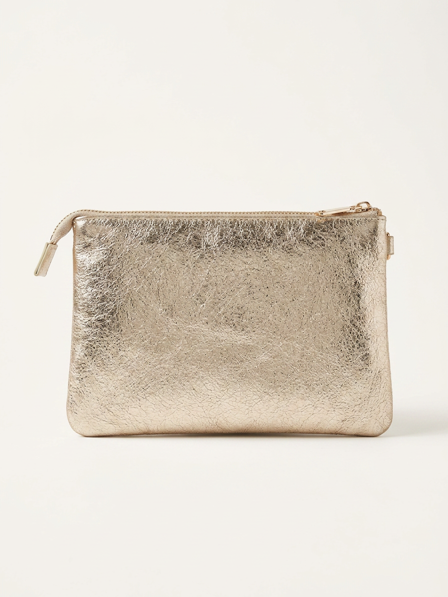 Clutch - goud, gestikt visgraatpatroon, ritssluiting
