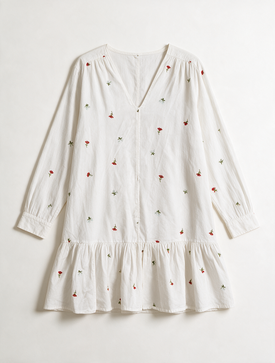 mbyM - Jurk - wit, geborduurde bloemen, ruche zoom - S