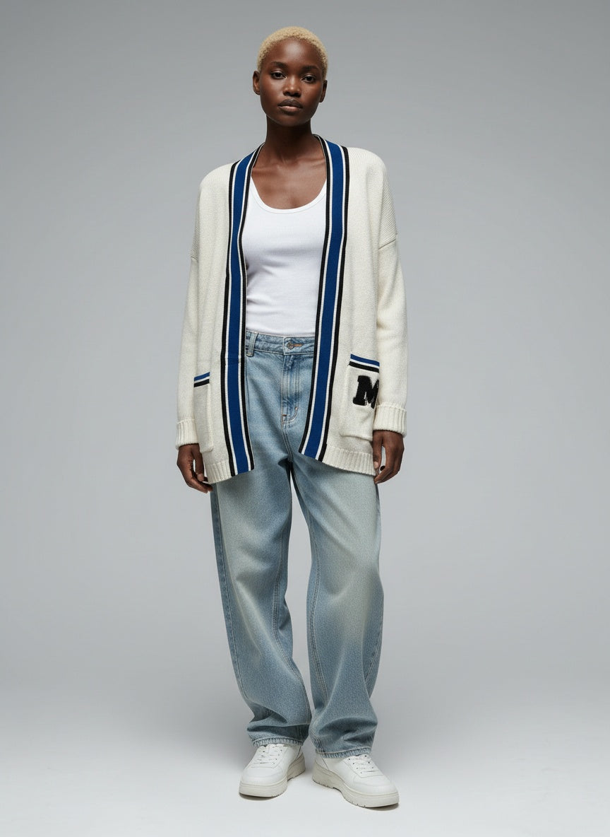 Full body view of the model wearing Maje Vest maat S Crème met blauw