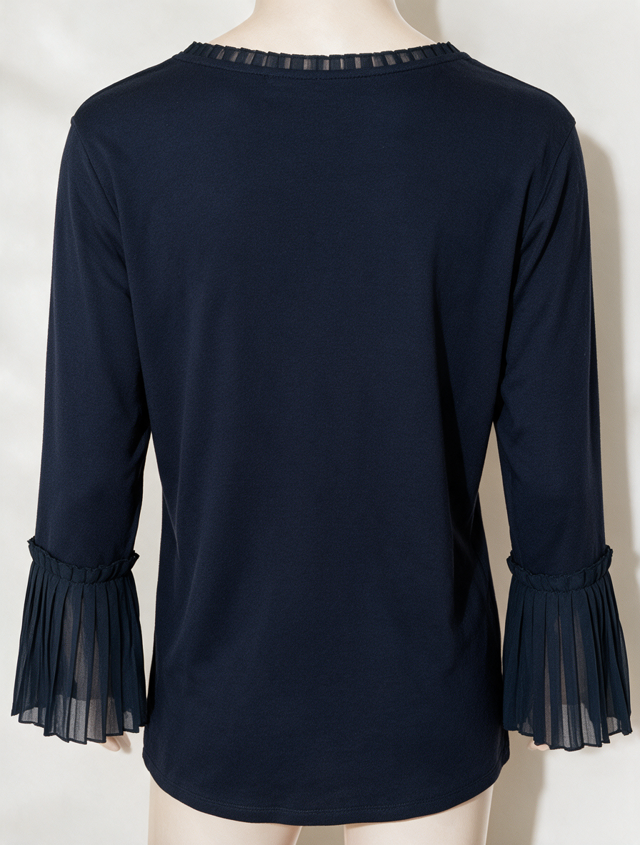 Mayerline - Blouse - donkerblauw, driekwartsmouwen, geplisseerde chiffon inzet - L