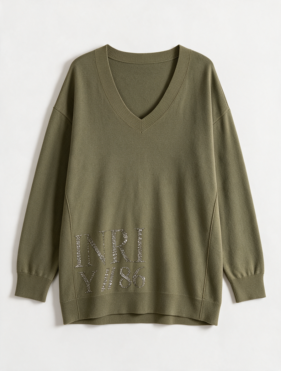 monari - Trui - olijfgroen, V-hals, strass steentjes - XL