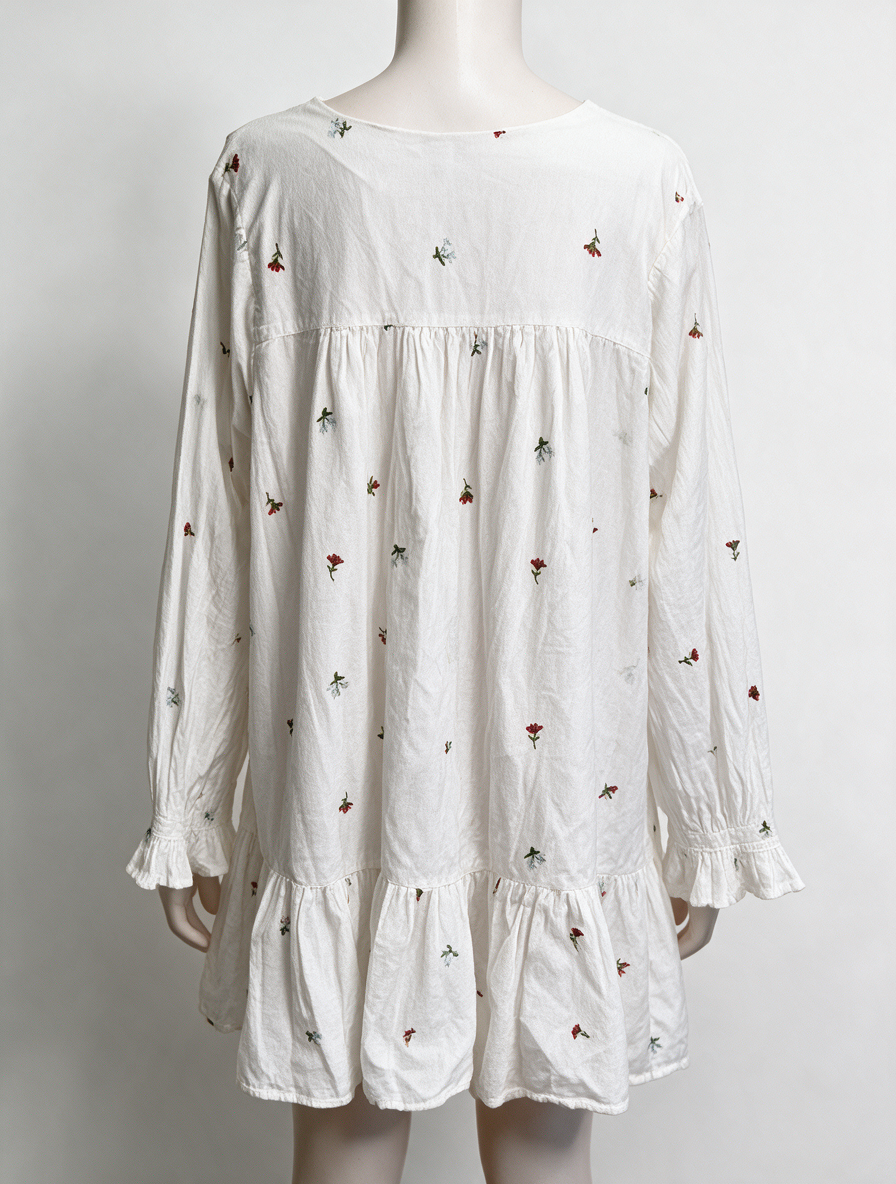 mbyM - Jurk - wit, geborduurde bloemen, ruche zoom - S