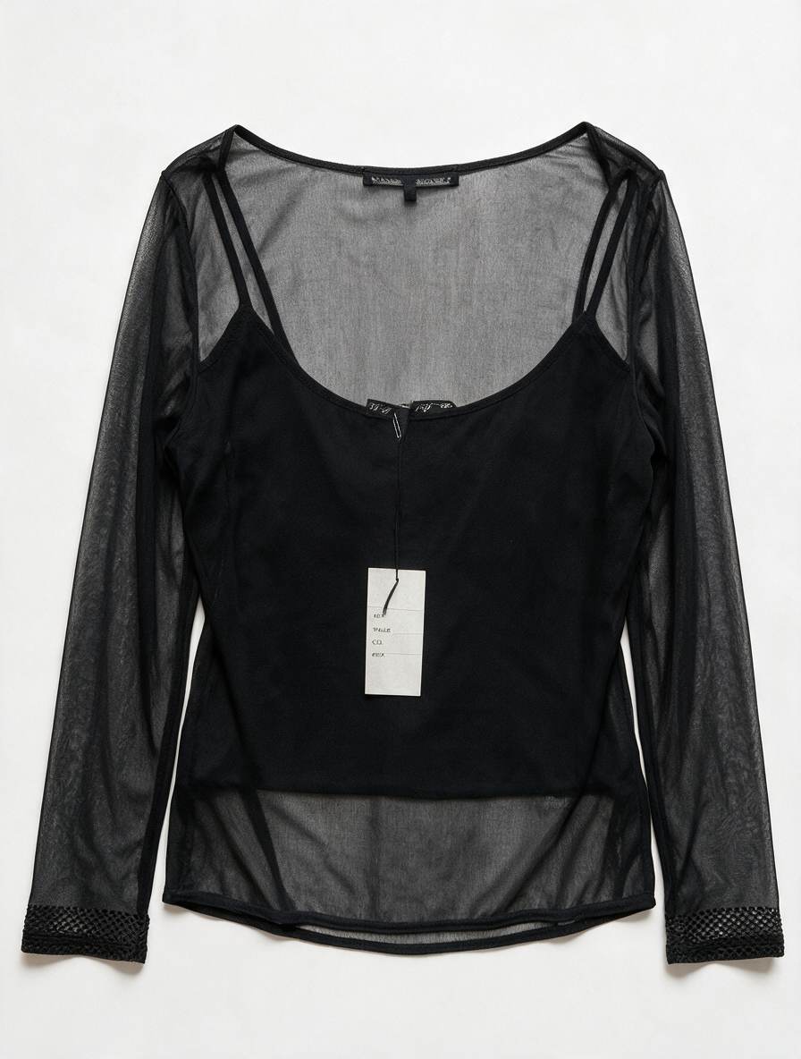 Blouse - zwart, transparante mesh, glitter rand - M