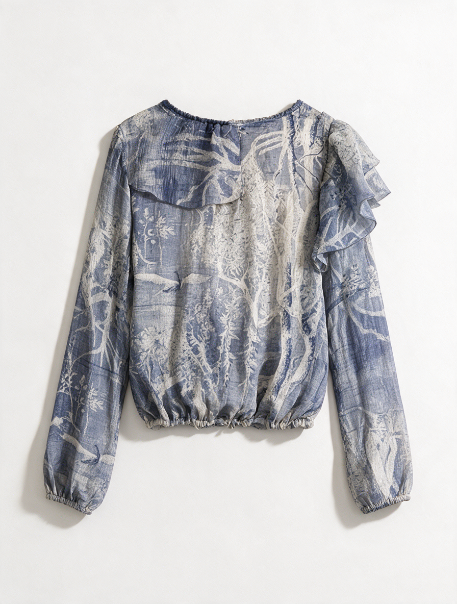 H&M - Blouse - blauw/beige patroon, diepe V-hals, ruches