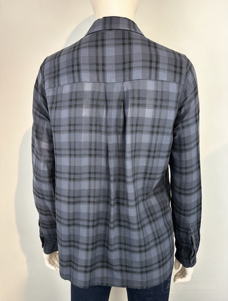 Pomandère - Blouse - grijs-blauw ruitpatroon, 100% katoen, volledige knoopsluiting - IT44 - NL40