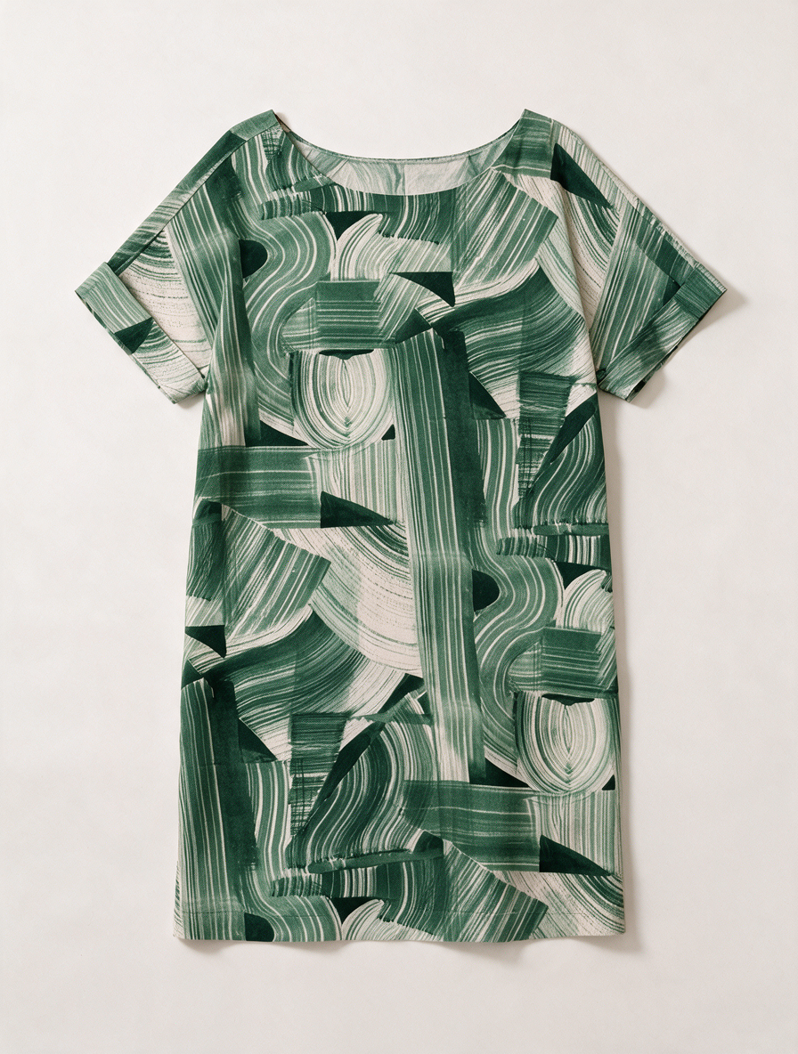 ESSENTIEL ANTWERP - Jurk - groen/beige, abstracte print, korte mouwen - L