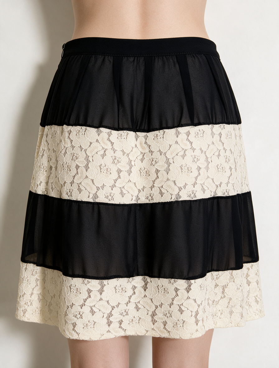 Miss Miss - Rok - zwart/crème, kanten banen - M