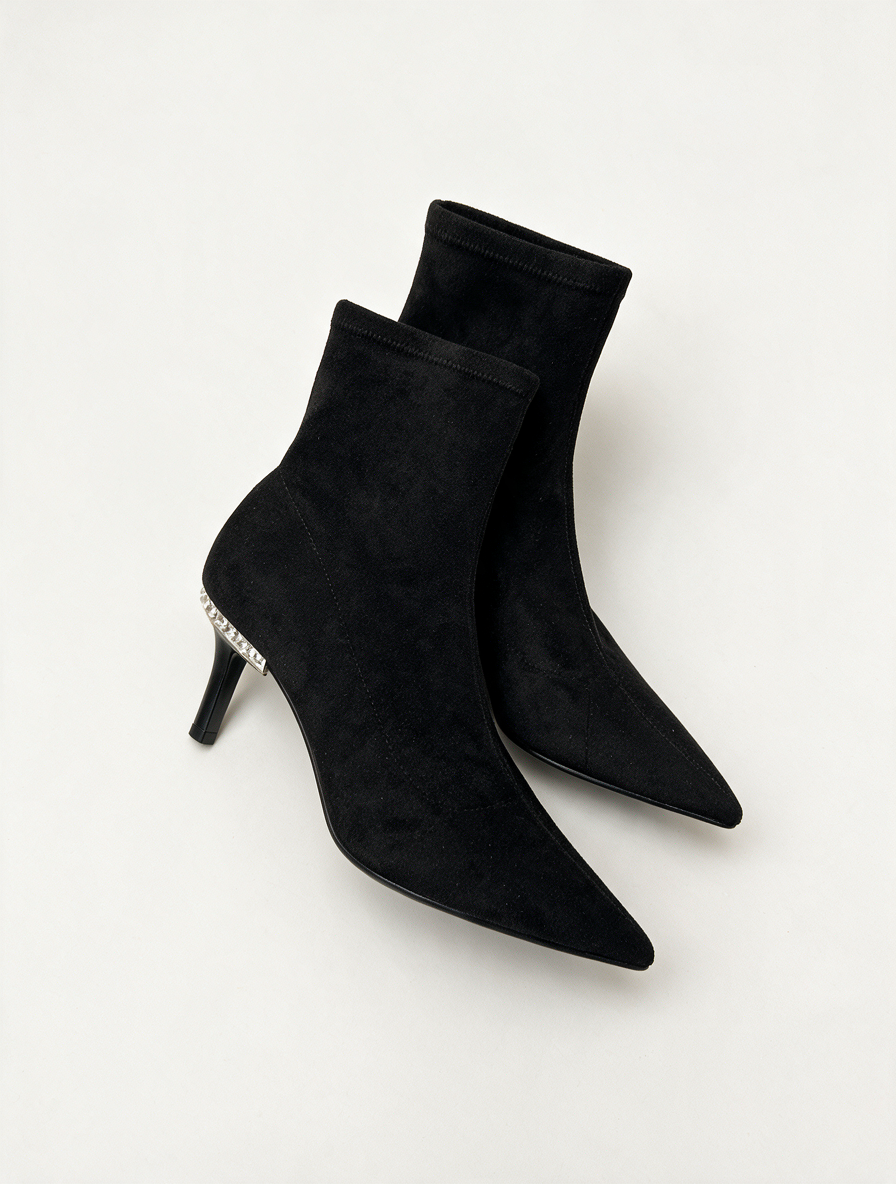 Dune - Enkellaars - zwart, suède-look, strassdetail op hak - 38