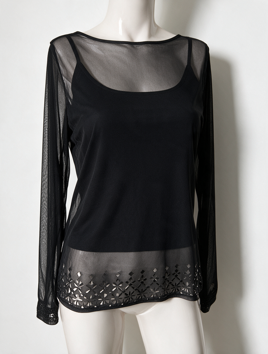 Blouse - zwart, transparante mesh, glitter rand - M