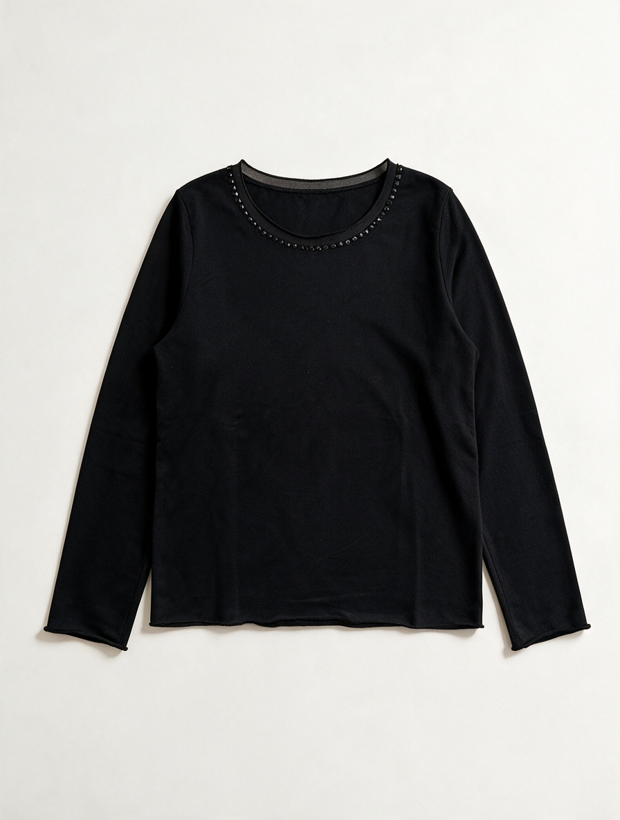 Bandolera - Blouse - zwart, kraaltjes langs hals, lange mouwen - M