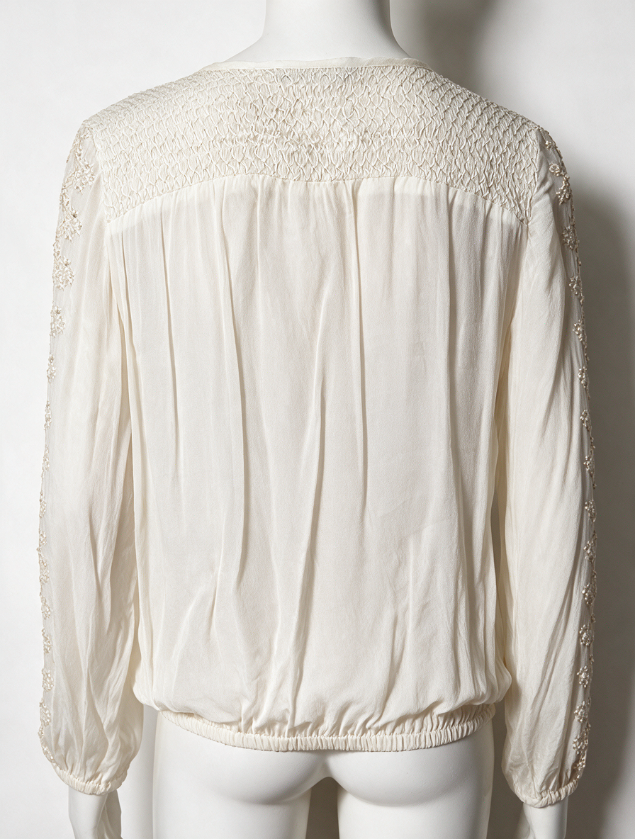 Summum Woman - Blouse - crème, geborduurd bloemmotief, vetersluiting - S