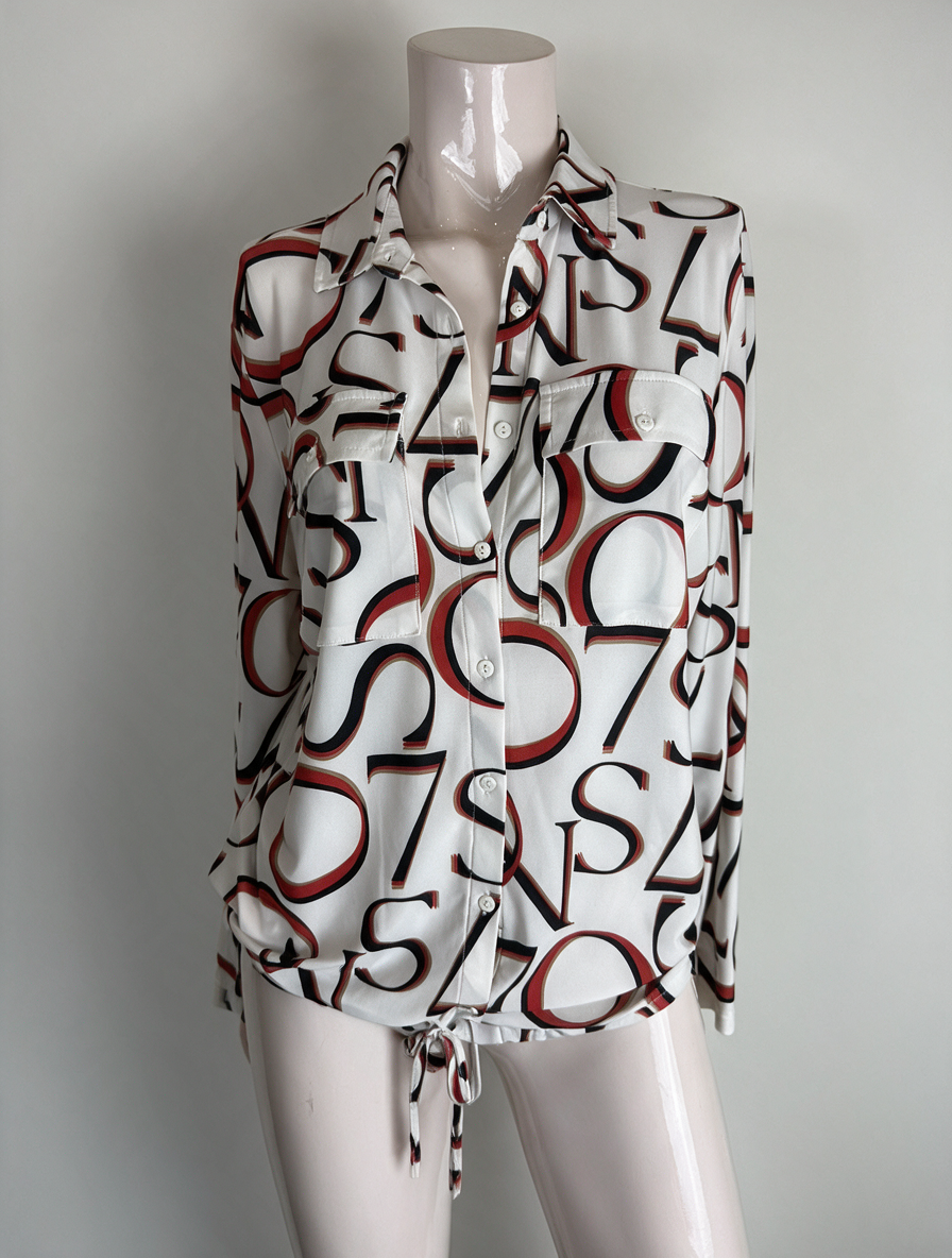 Zoso - Blouse - all-over cijferprint, wit-zwart-rood, strikkoord aan de zoom