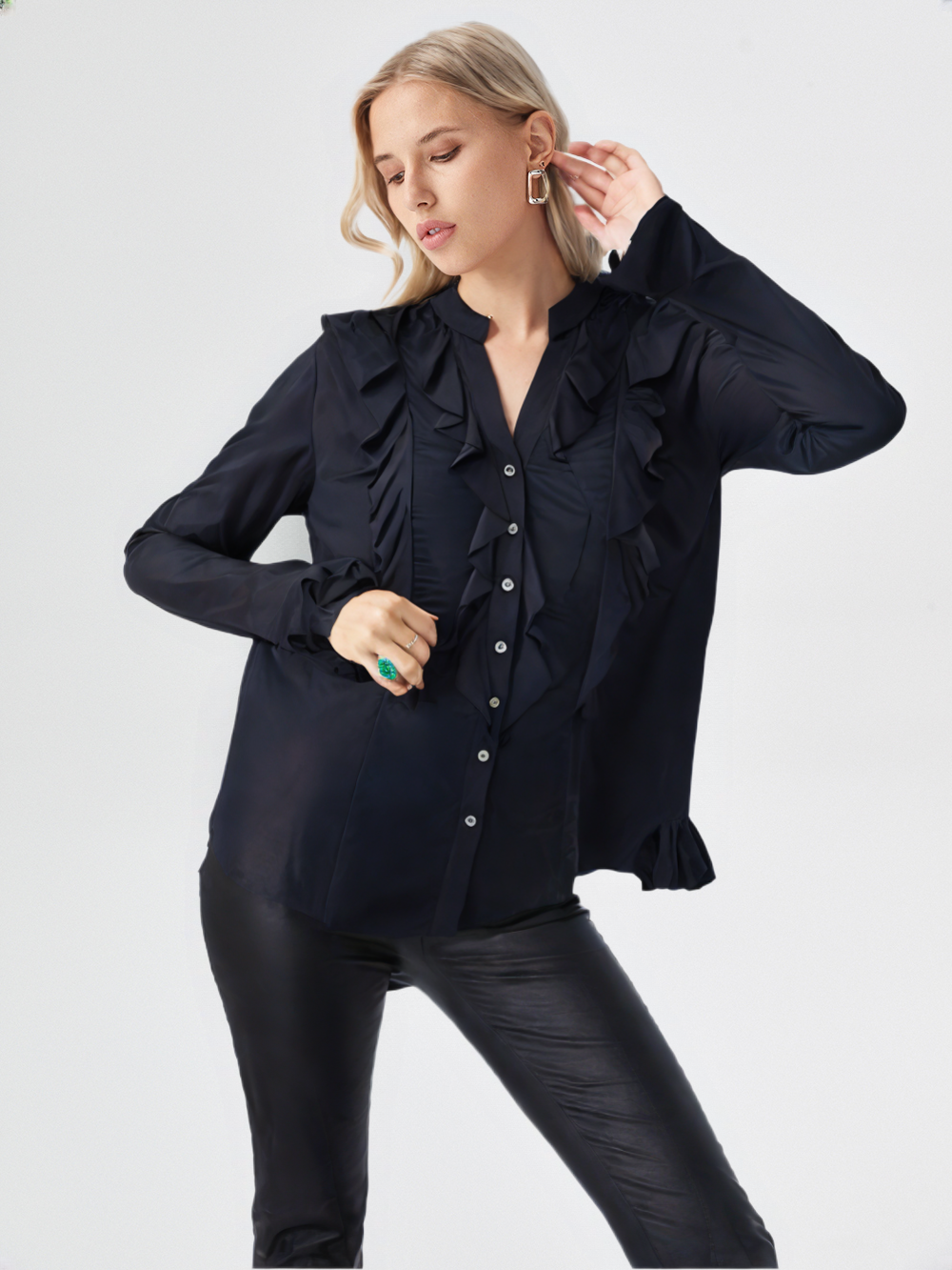 Helena Hart blouse donkerblauw met ruches – elegante blouse