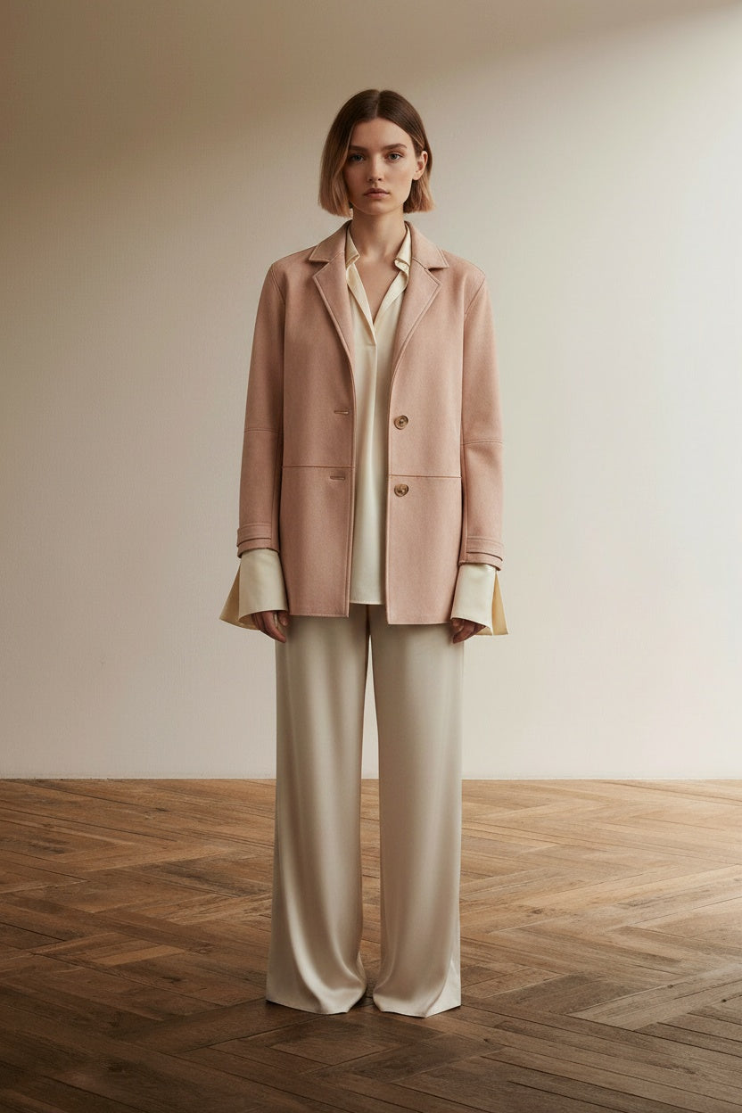 Full body view of the model wearing Rino et Pelle Blazer maat 42 lichtroze