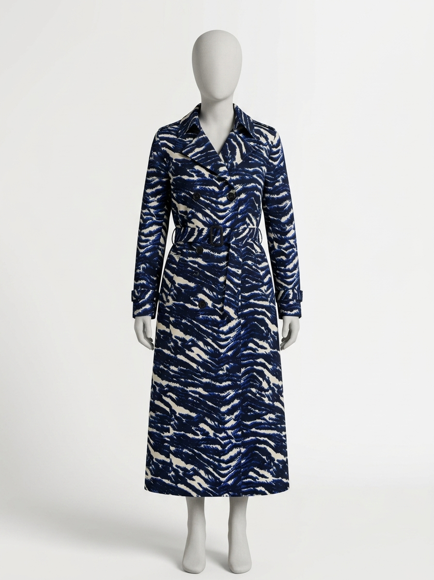 Lange jas met dierenprint in zwart-wit-blauw, klassiek model