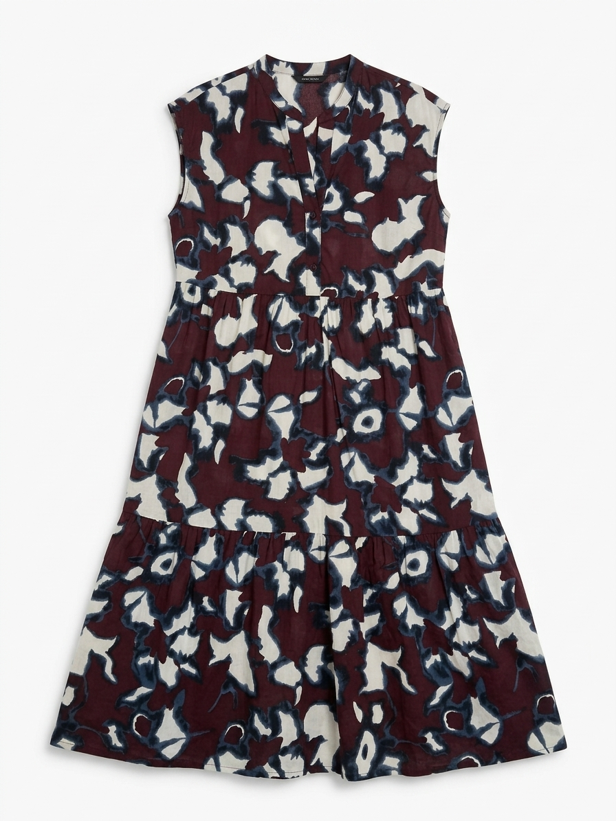 Jurk met abstracte print in bordeaux/blauw/wit – Meisje met de Parels