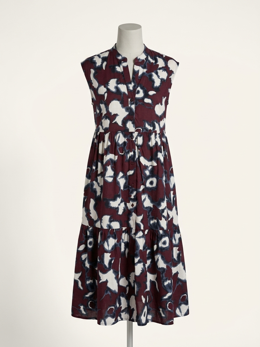 Mouwloze A-lijn jurk met abstracte print in bordeaux/blauw/wit – 38