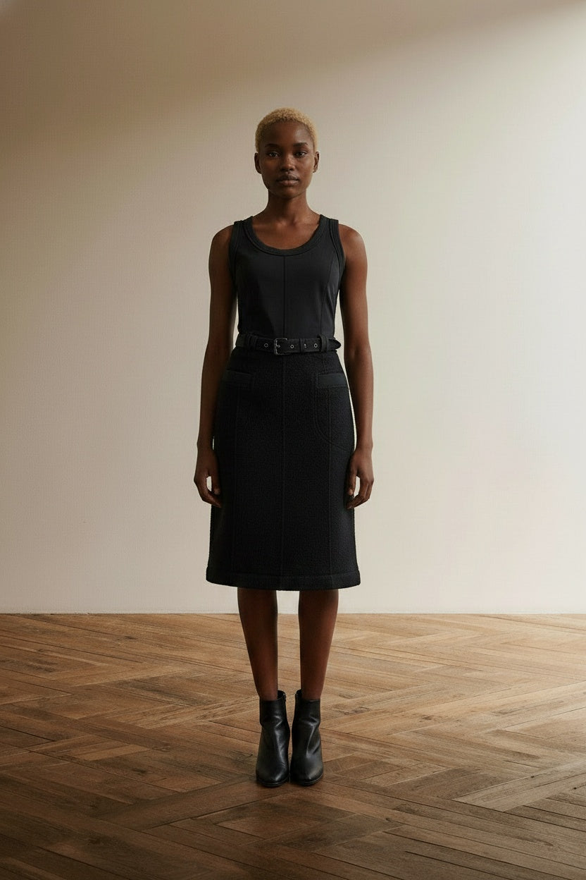 Full body view of the model wearing Marc Cain zwarte jurk maat 3