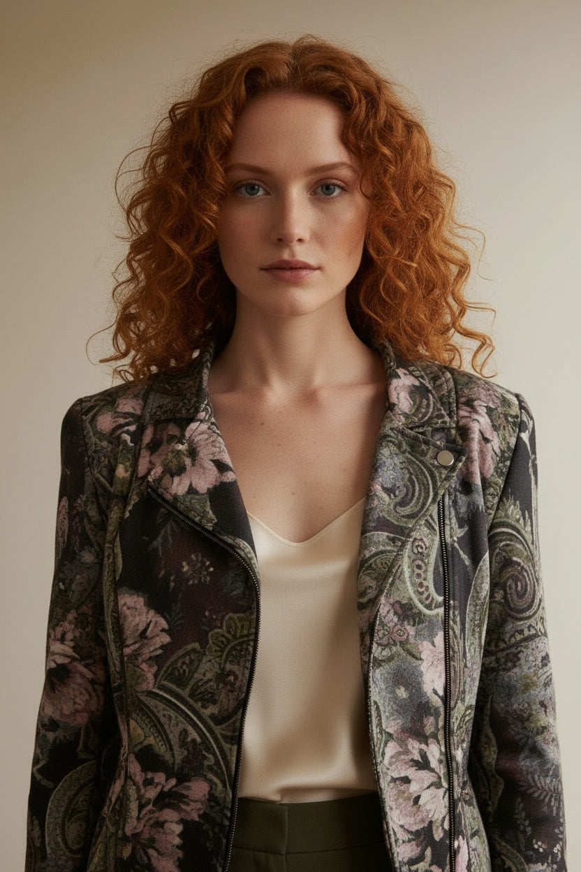 Close-up of the model wearing GERRY WEBER Jas maat 36 Multicolor (paars, groen, zwart, roze)