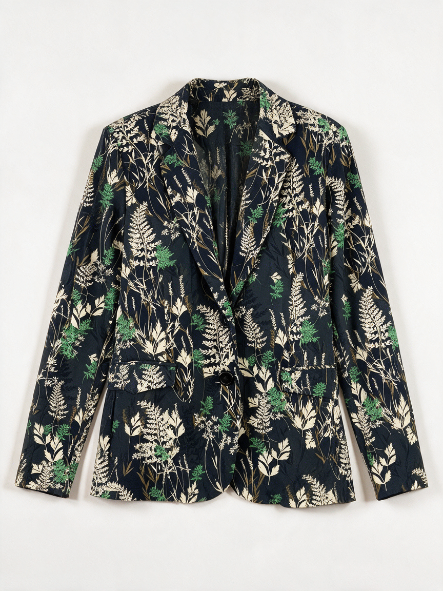 Zwarte blazer met botanisch dessin van Tramontana, voorkant liggend