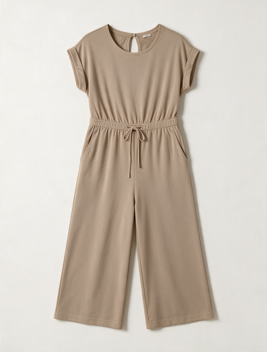 NED. - Jumpsuit - beige, korte mouwen, wijde pijpen