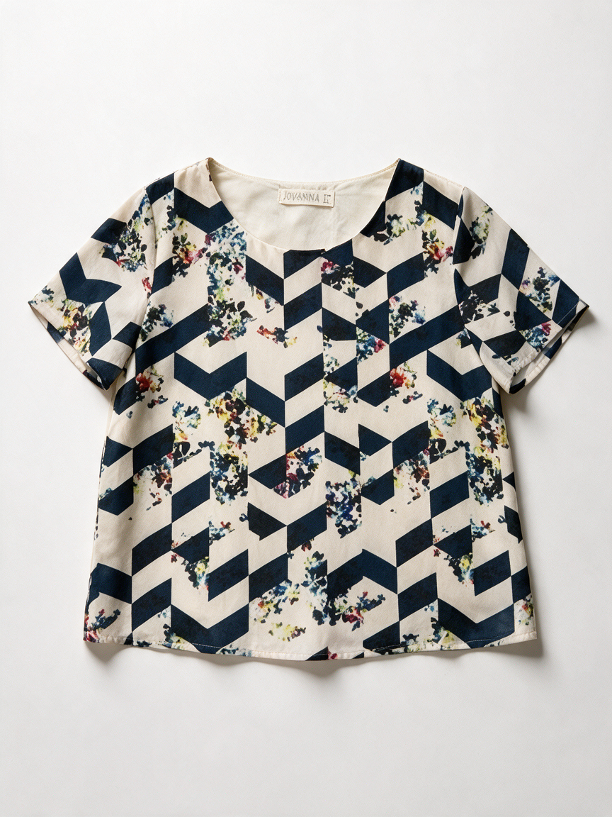 SUGARHILL BOUTIQUE - Blouse - blauw-wit, chevronprint, korte mouw - M