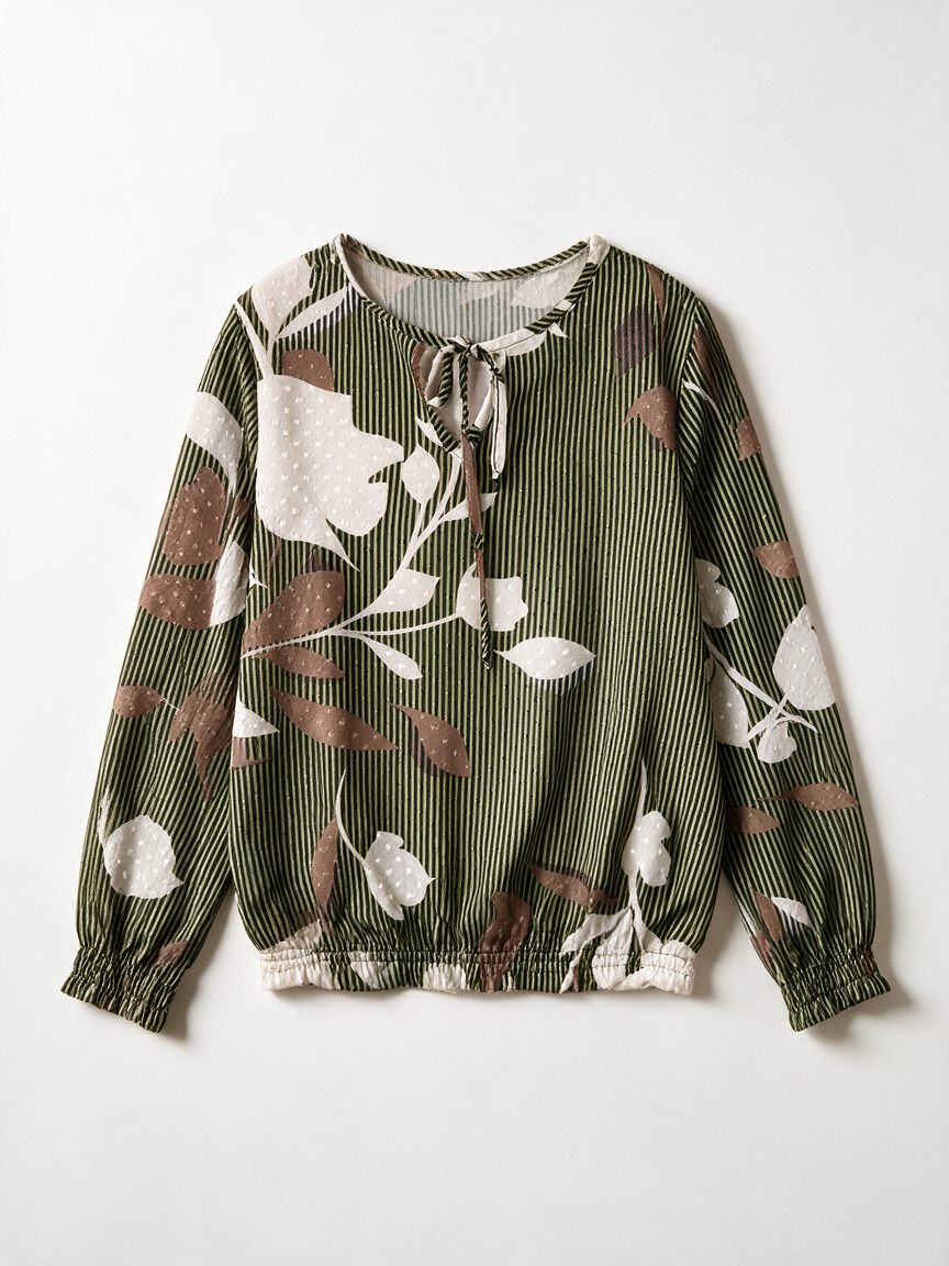 Geisha - Blouse - groen, bladprint, striksluiting - S
