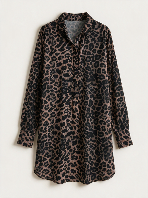 Lichtbruine lange blouse met zwarte panterprint van comma,, voorkant liggend