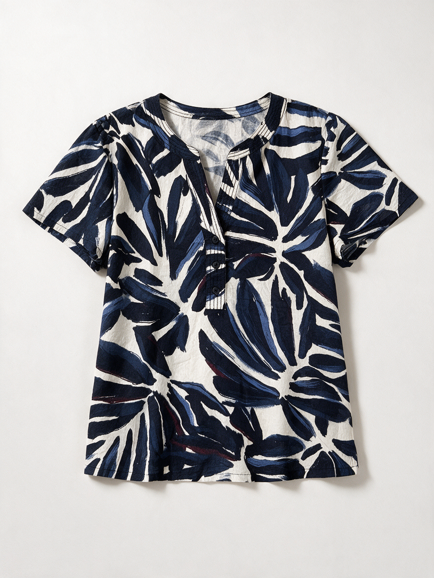 CECIL - Blouse - abstracte bladprint, korte mouwen, blauw/zwart/wit - M