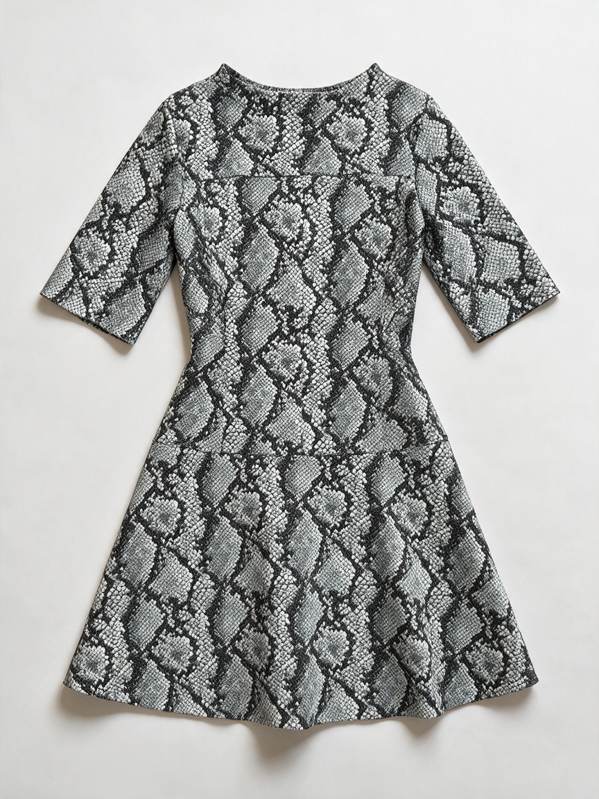 HUGO - Jurk - zwart-wit slangenprint, korte mouwen, ronde hals - L