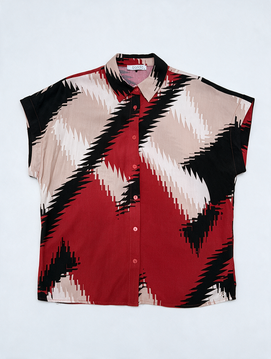 Batida - Blouse - grafische zigzagprint, rood/zwart/beige/crème, korte mouwen - S