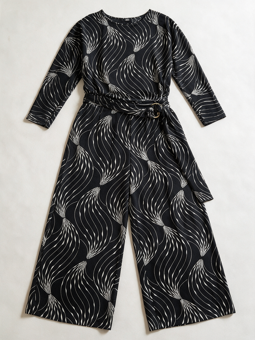 K Design - Set - zwart-wit abstracte print, wijde broek, hoge taille - M