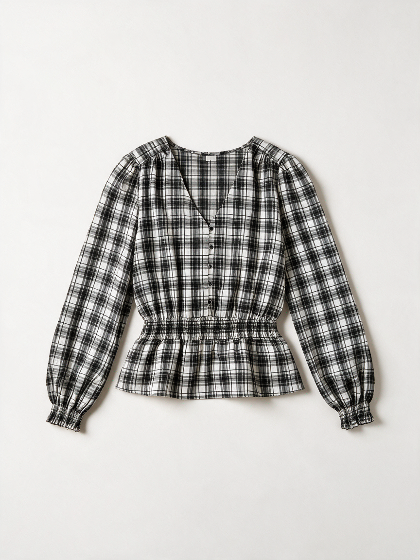 Zwart-wit geruite blouse met lichtgele accenten van Cotton Club, voorkant liggend