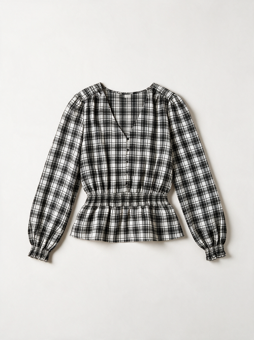 Zwart-wit geruite blouse met lichtgele accenten van Cotton Club, voorkant liggend