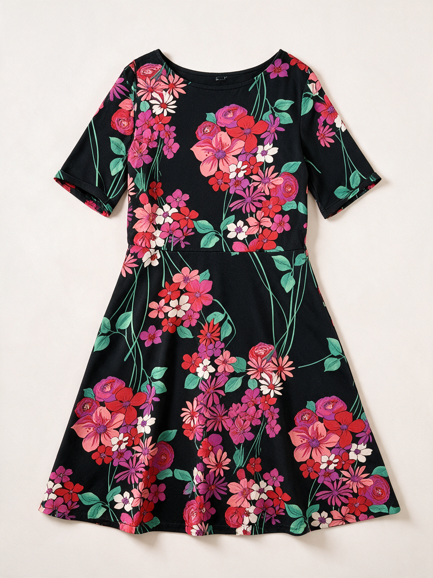 Zwarte midi-jurk met kleurrijke bloemenprint van King Louie, voorkant liggend