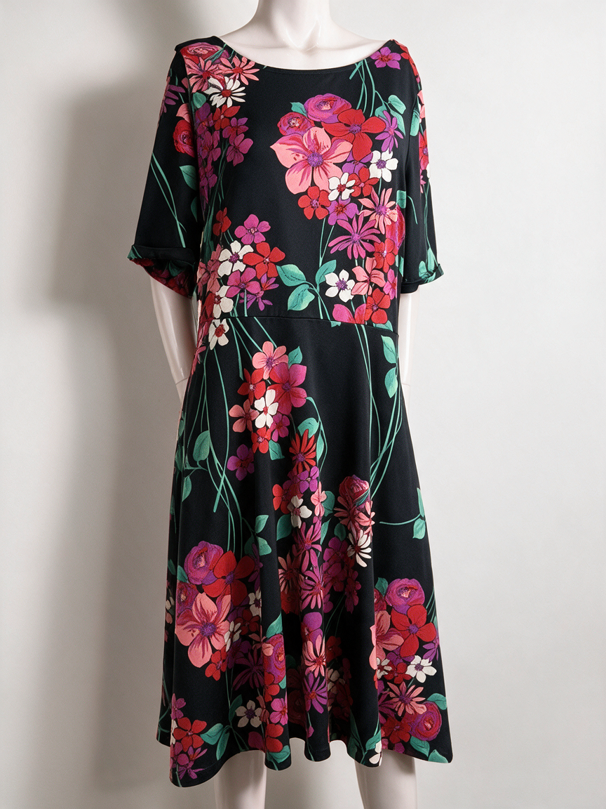 Zwarte midi-jurk met kleurrijke bloemenprint van King Louie, voorkant op paspop