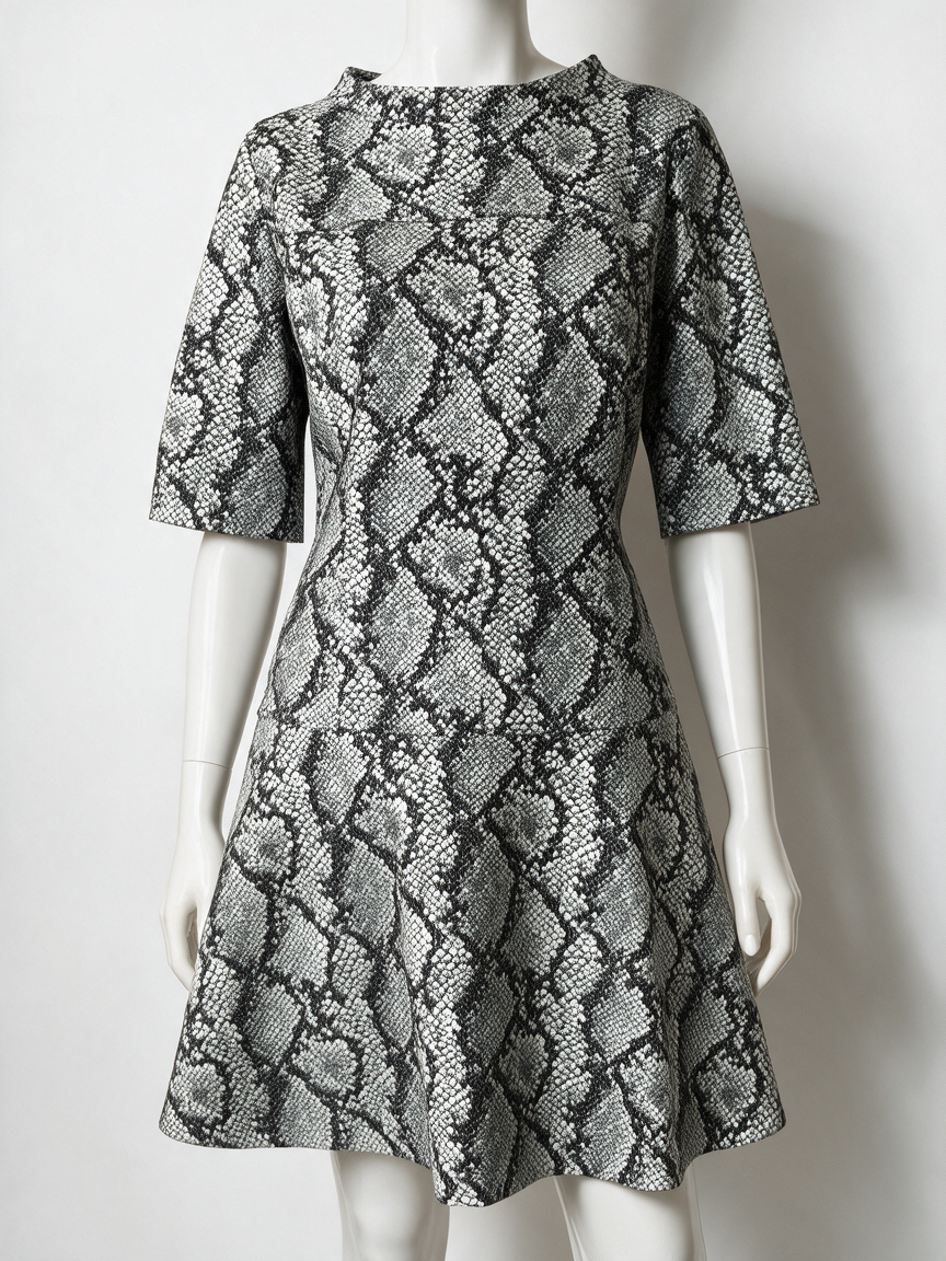 HUGO - Jurk - zwart-wit slangenprint, korte mouwen, ronde hals - L