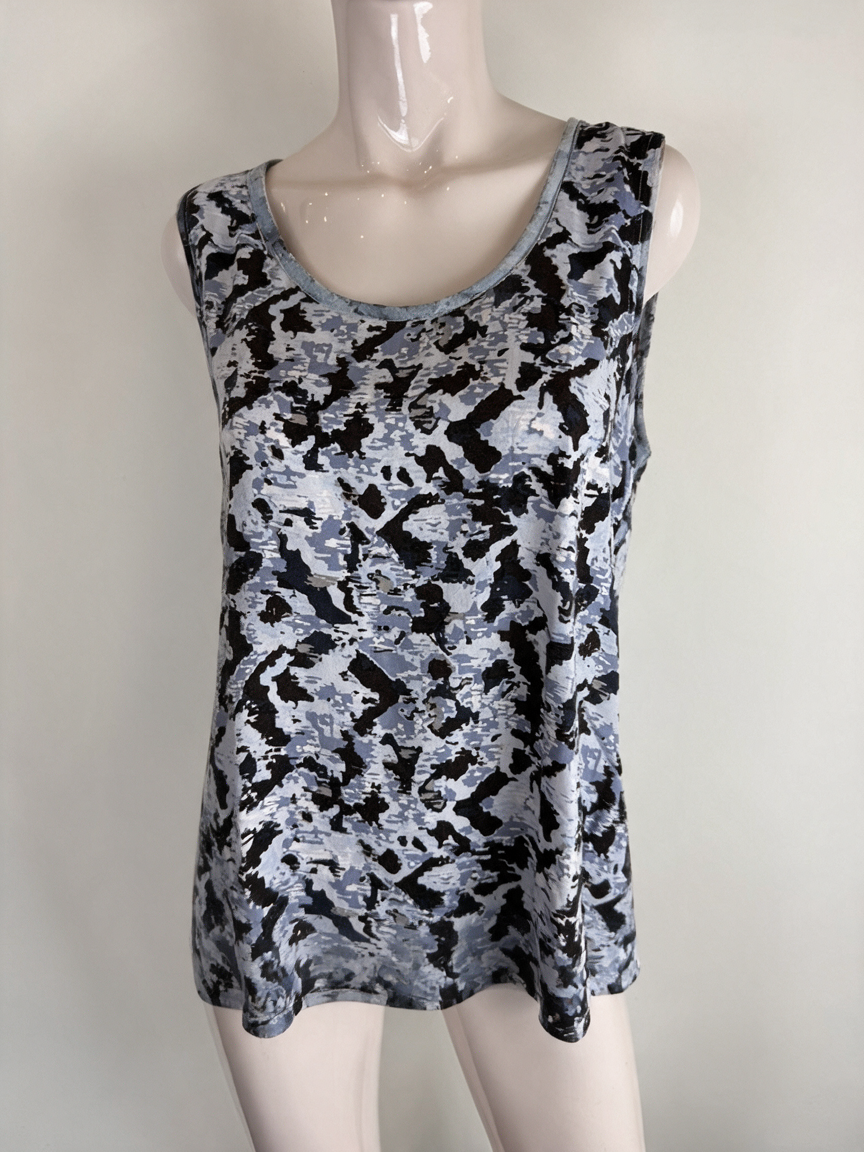 ICHI - Top - blauw-wit-zwart, abstracte print, mouwloos - L