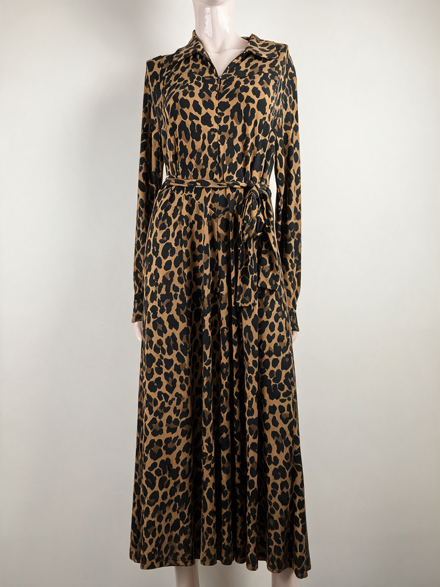 Vanilia - Jurk - panterprint, midi-lengte, ceintuur - L