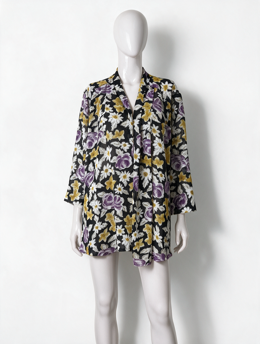 Primavera - Blouse - zwart met bloemenprint, open model - maat L