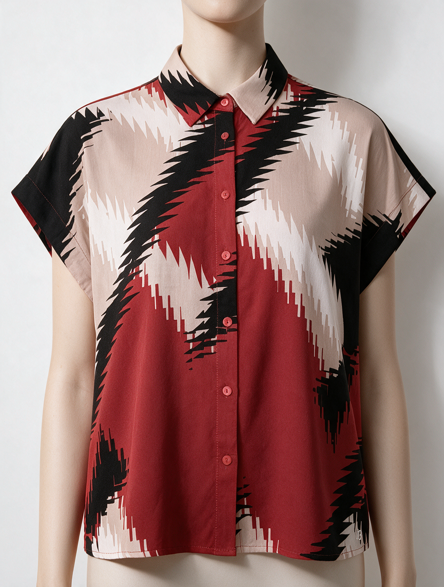 Batida - Blouse - grafische zigzagprint, rood/zwart/beige/crème, korte mouwen - S
